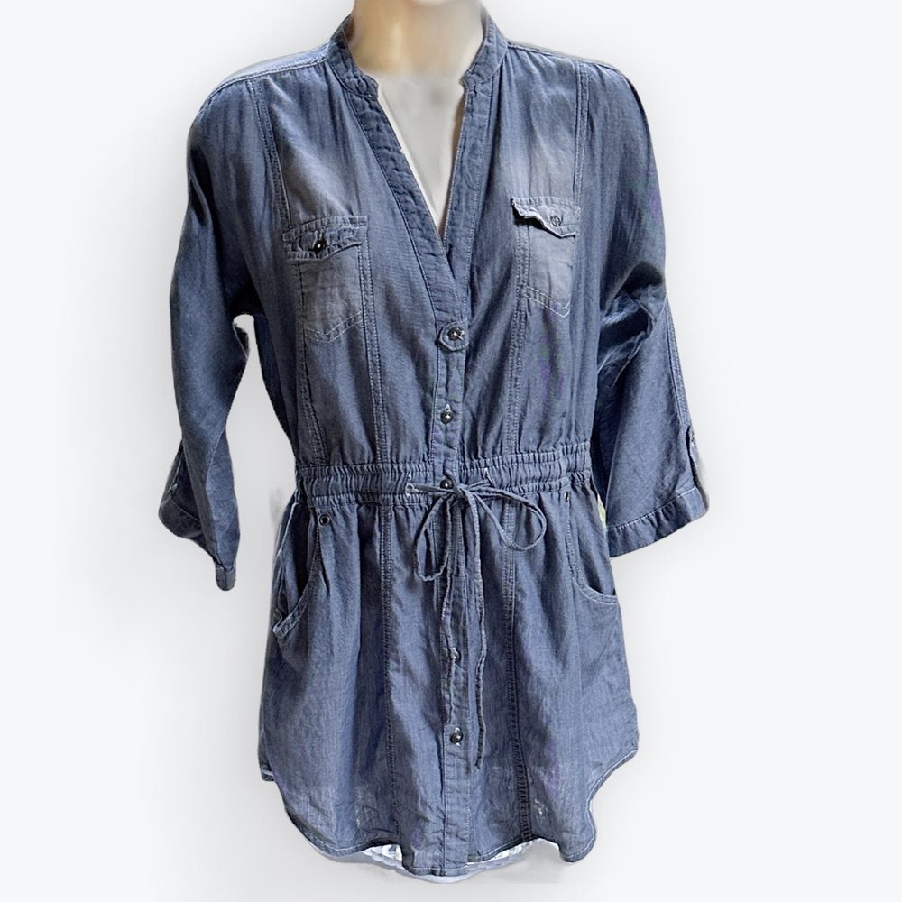 Minimalist Workwear Lightweight Denim Blue Chambray Cinched Waist Chore Jacket~M